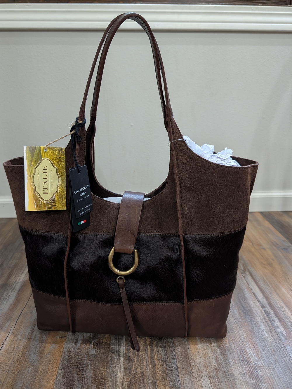 Cavalcanti Brown Suede Haircalf Leather Tote Made in Italy NWT Style 685